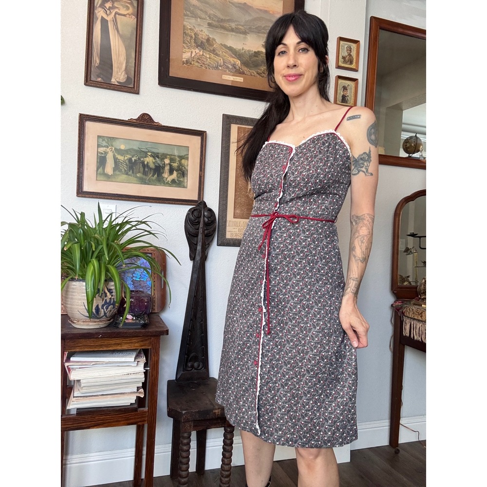 Vintage 70s Floral Midi Sundress Button Down Lace Trim Prairie Cottagecore